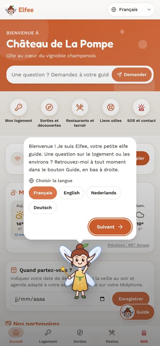 Le livret s'ouvre : Elfee souhaite la bienvenue et propose de choisir la langue